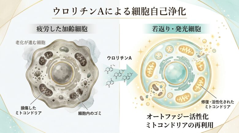 ウロリチンAによる細胞自己浄化のイラスト。左：損傷したミトコンドリアと細胞内ゴミを抱えた加齢細胞、右：オートファジー活性化により若返った発光細胞